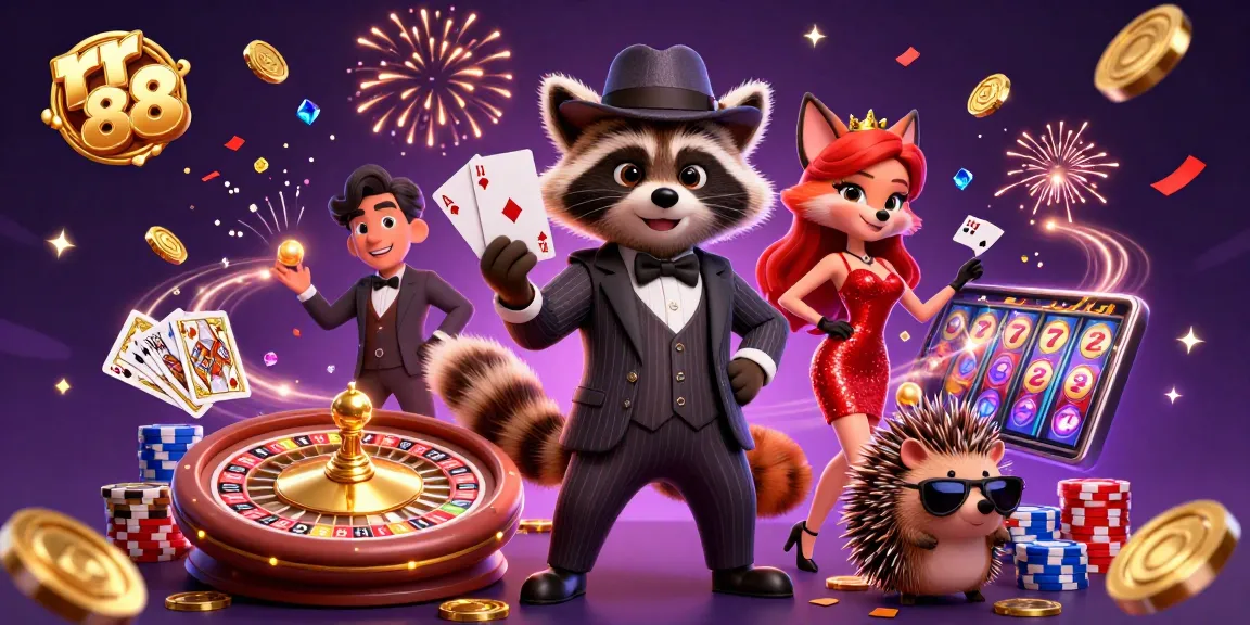 Engage in thrilling gameplay at rr 88 with a raccoon of fortune showcasing a royal flush amidst vibrant casino elements.