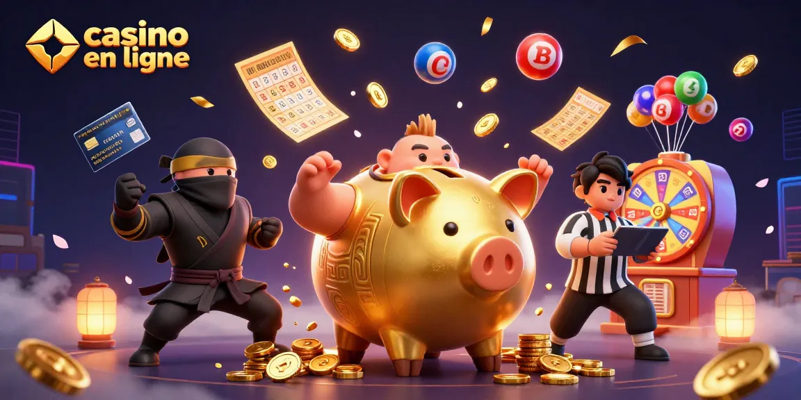 Jouez au casino en ligne avec des personnages colorés, un cochon tirelire sumo et un ninja dans un décor dynamique.