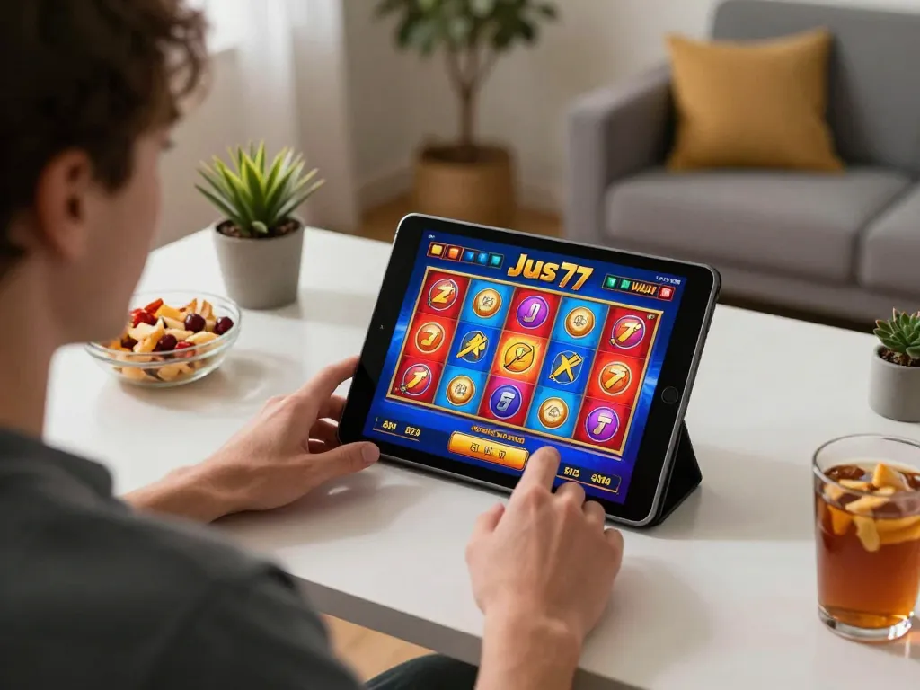Engaging in slot games on jus77 platform from a modern home setup.