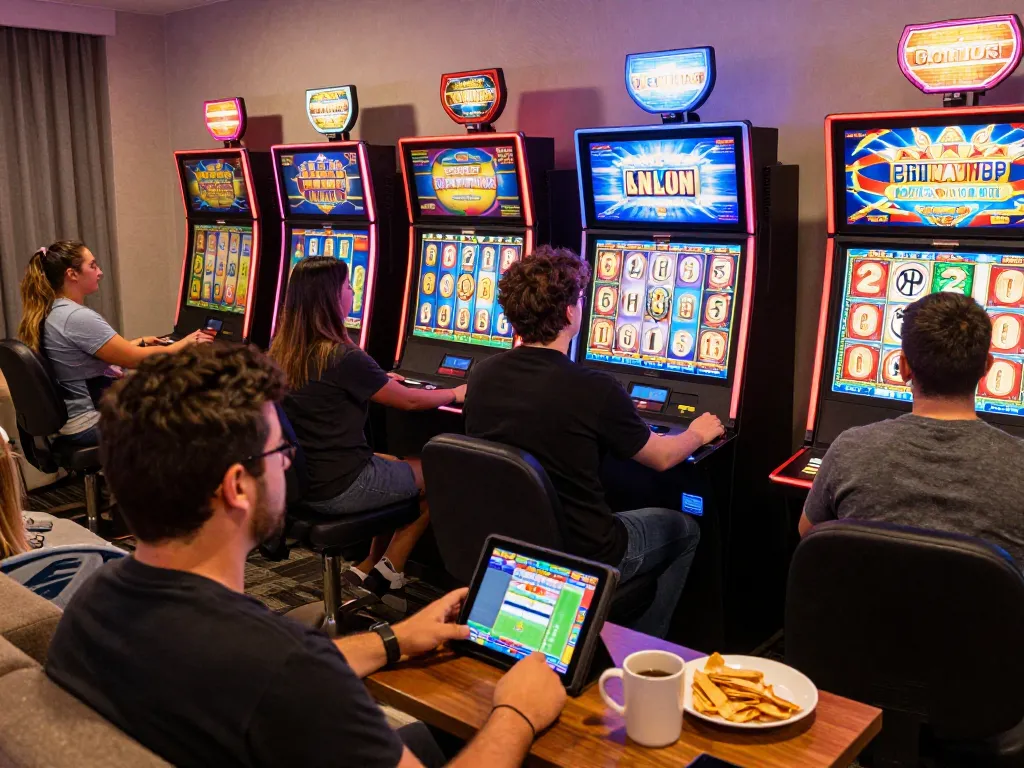 Excited players spinning slot machines in a vibrant online casino at home