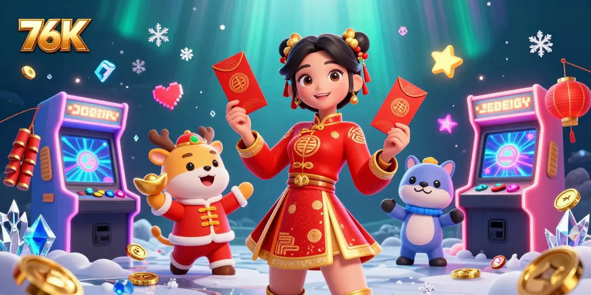 Join the excitement at 76K, featuring vibrant gaming elements and a festive casino atmosphere.