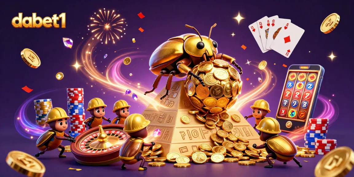 Experience dabet1's casino adventure with vibrant 3D illustration of a golden beetle rolling coins.