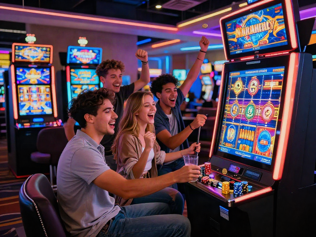 Friends celebrating a big win on a slot gacor machine in a lively casino atmosphere.