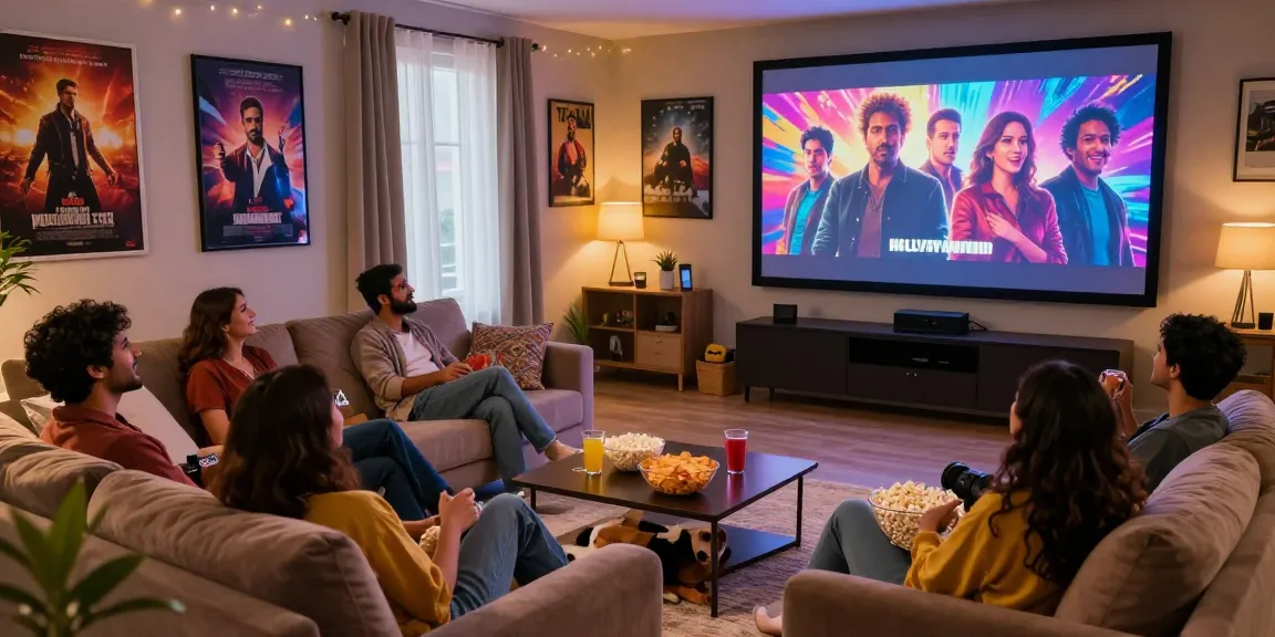 Enjoying a movie night with friends on Bolly4u in a cozy home theater.