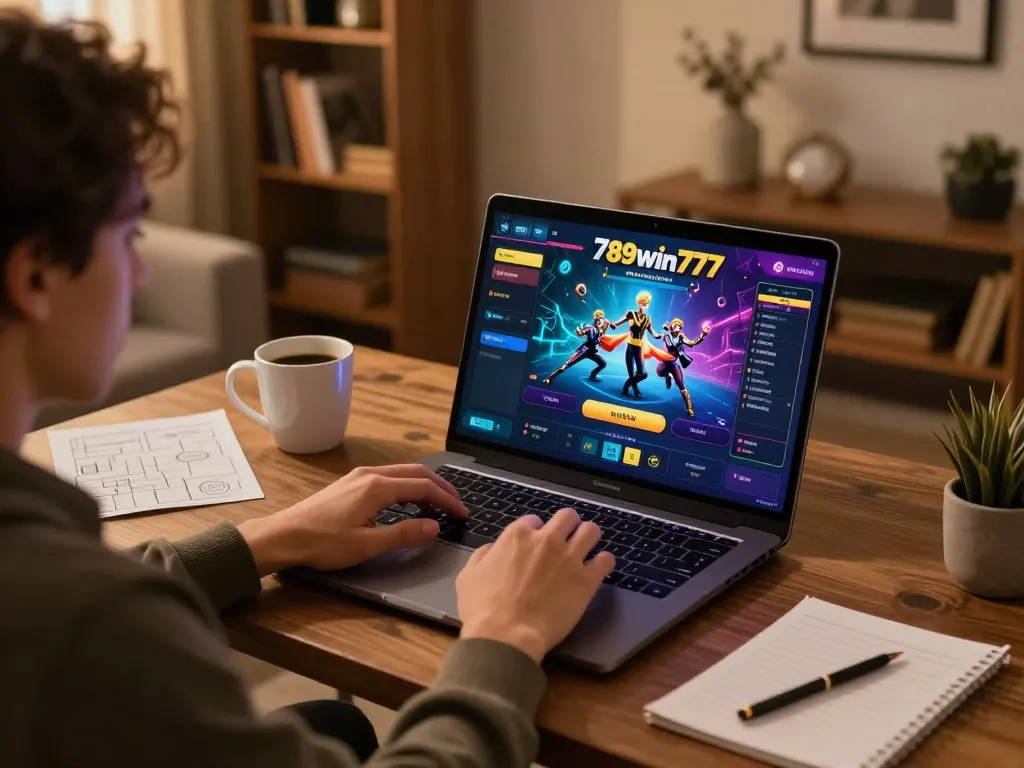 Engaging in online gaming on the 789win777 platform in a cozy home office.