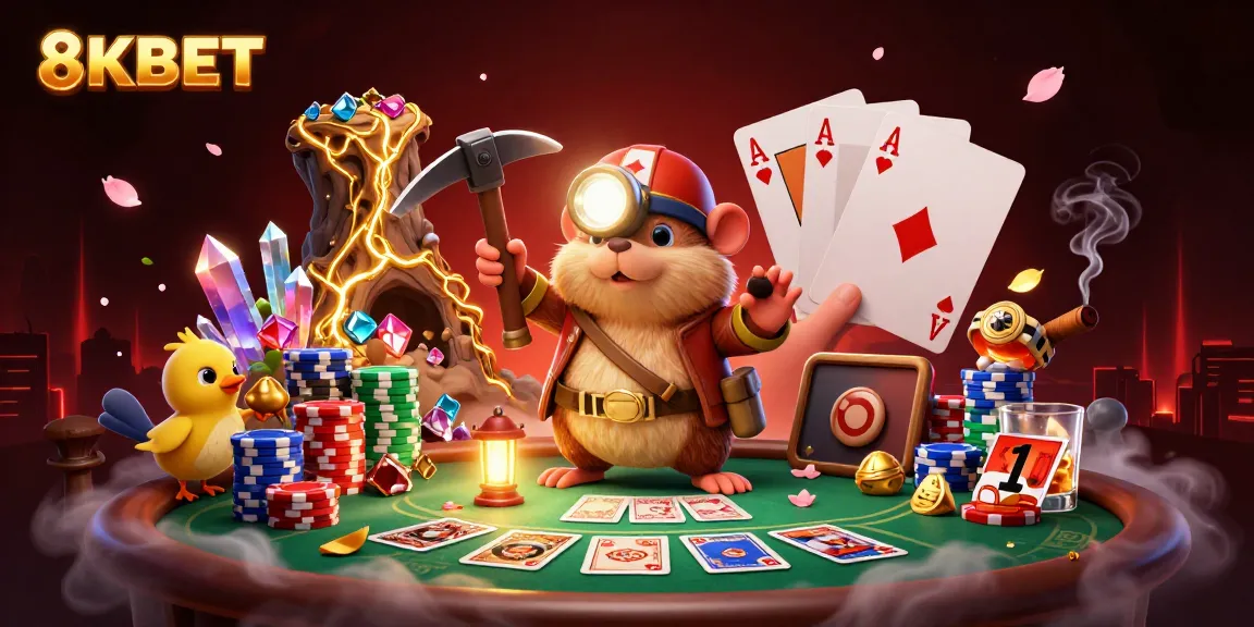 Experience 8KBET's thrilling poker scene with cartoon characters hunting treasure amidst rich casino elements.