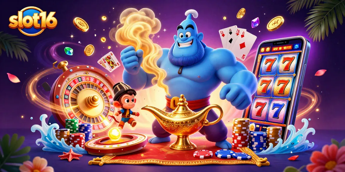 Spin fortune at slot16 with a magical genie and vibrant casino elements in this enchanting scene.
