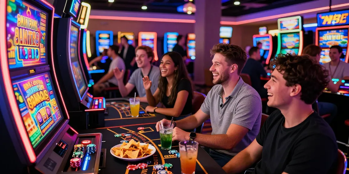 Experience the excitement of M98 สล๊อตเว็บตรง with friends at a vibrant casino atmosphere featuring glowing slot machines and lively camaraderie.