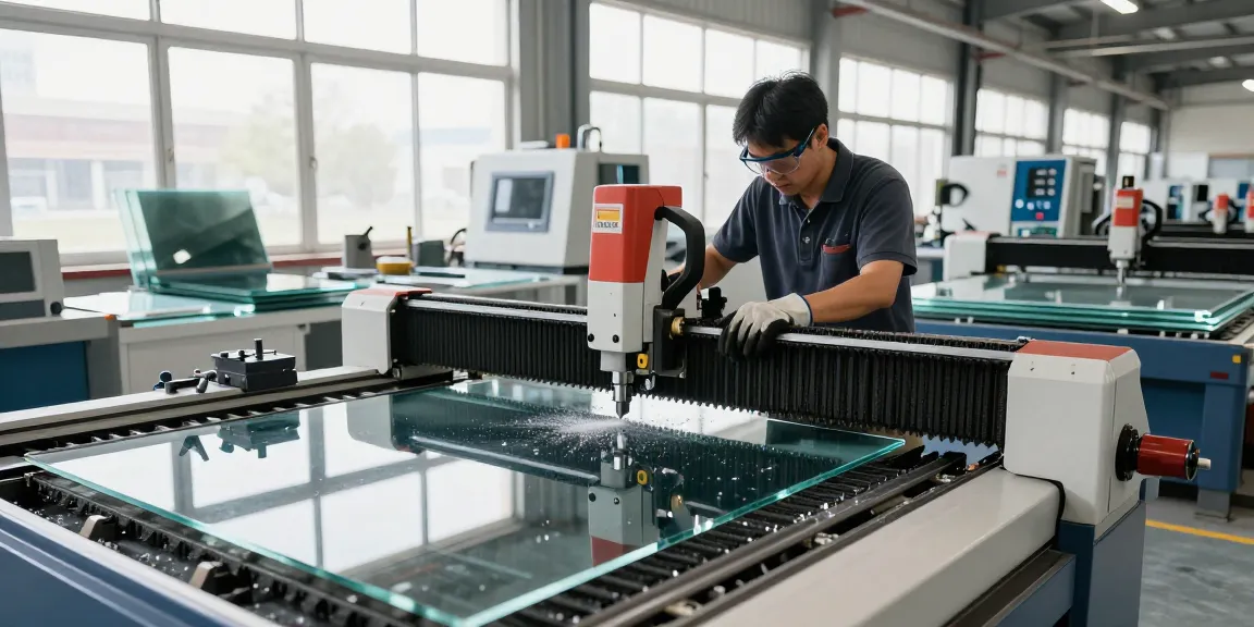 Technician operating a glass cutting machine in a busy industrial setting, showcasing precise glass processing tools and machinery.