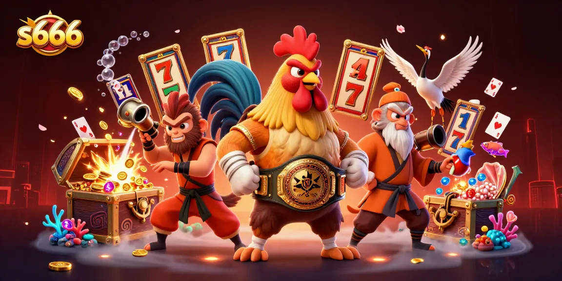s666 showcases a vibrant 3D scene featuring a rooster champion and martial artists amidst energetic slot game elements.