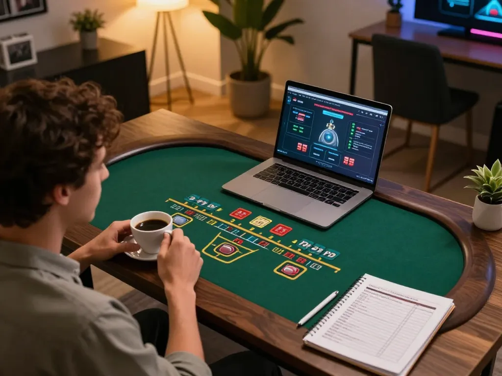 O8 player engaging in live dealer blackjack on laptop, focusing on strategic gameplay and cozy atmosphere.