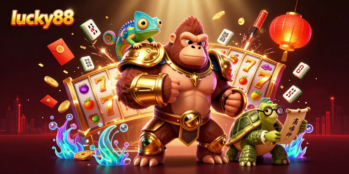 Experience the thrill of lucky88 casino games with an engaging 3D scene of vibrant characters and festive elements.