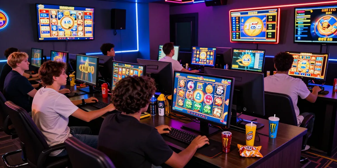 Engaged players enjoying koitoto online slot games in a vibrant gaming lounge.