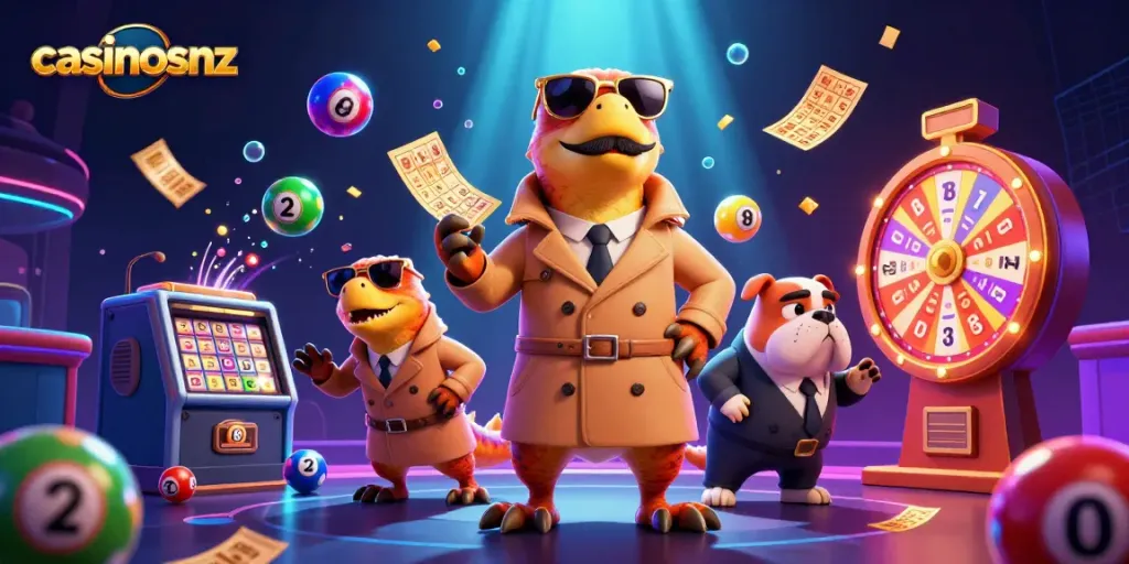 Experience the vibrant world of casinosnz with animated raptors in a trench coat attempting VIP entry.