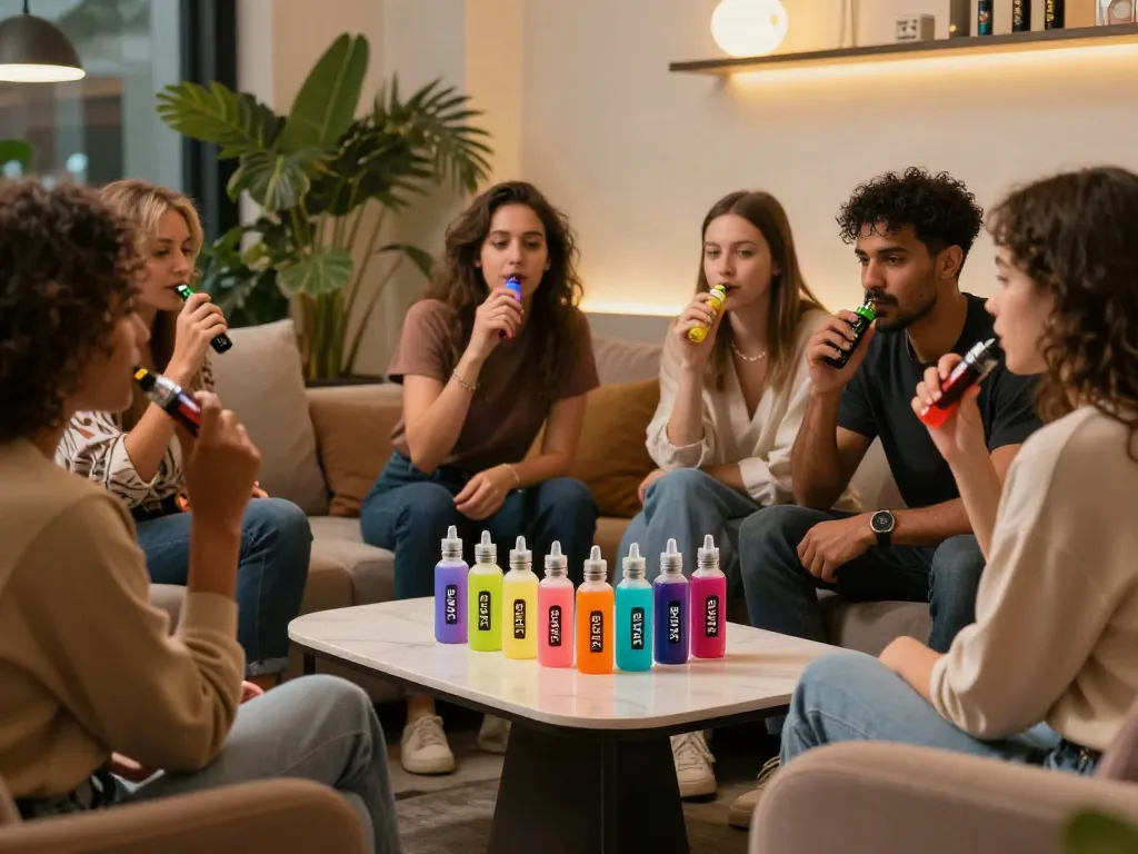 Friends enjoying salt nicotine vape juice in a cozy lounge.