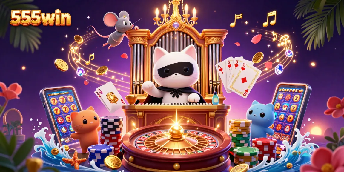 Join the excitement of 555win with this lively casino illustration featuring dynamic characters and vibrant game elements.