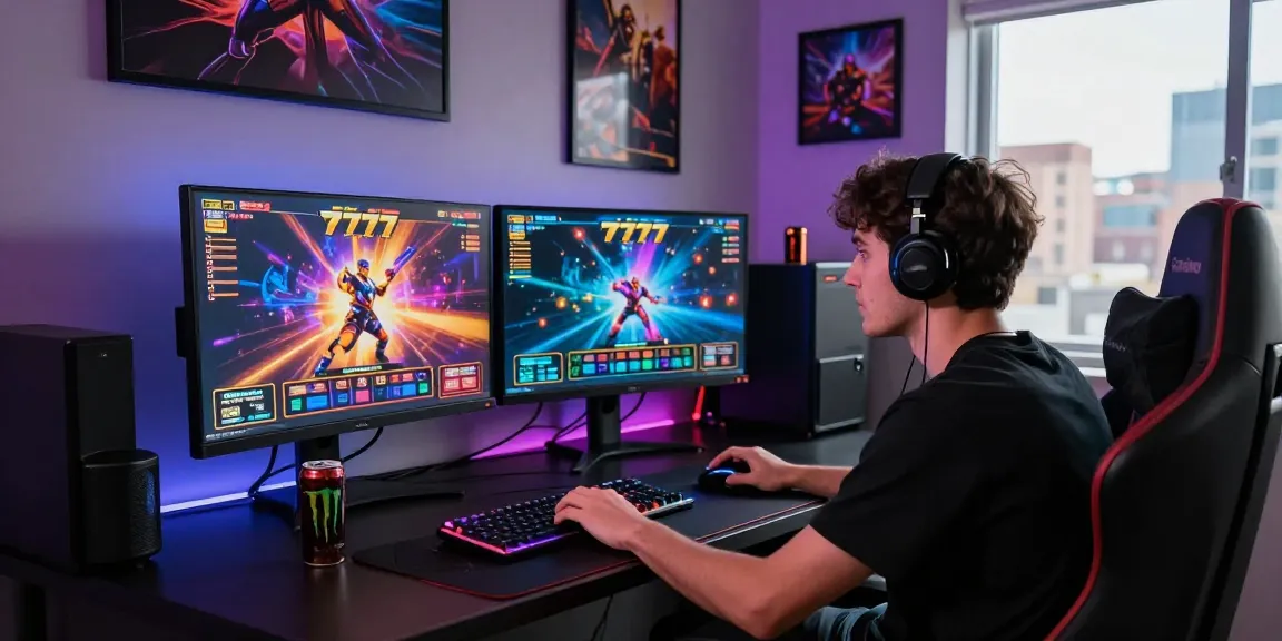 Player engaged with slot777 games at dual monitors, vibrant gaming environment.