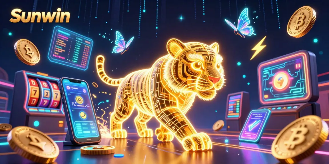 Play exciting casino games with Sunwin, featuring vibrant neon visuals and bitcoin elements.