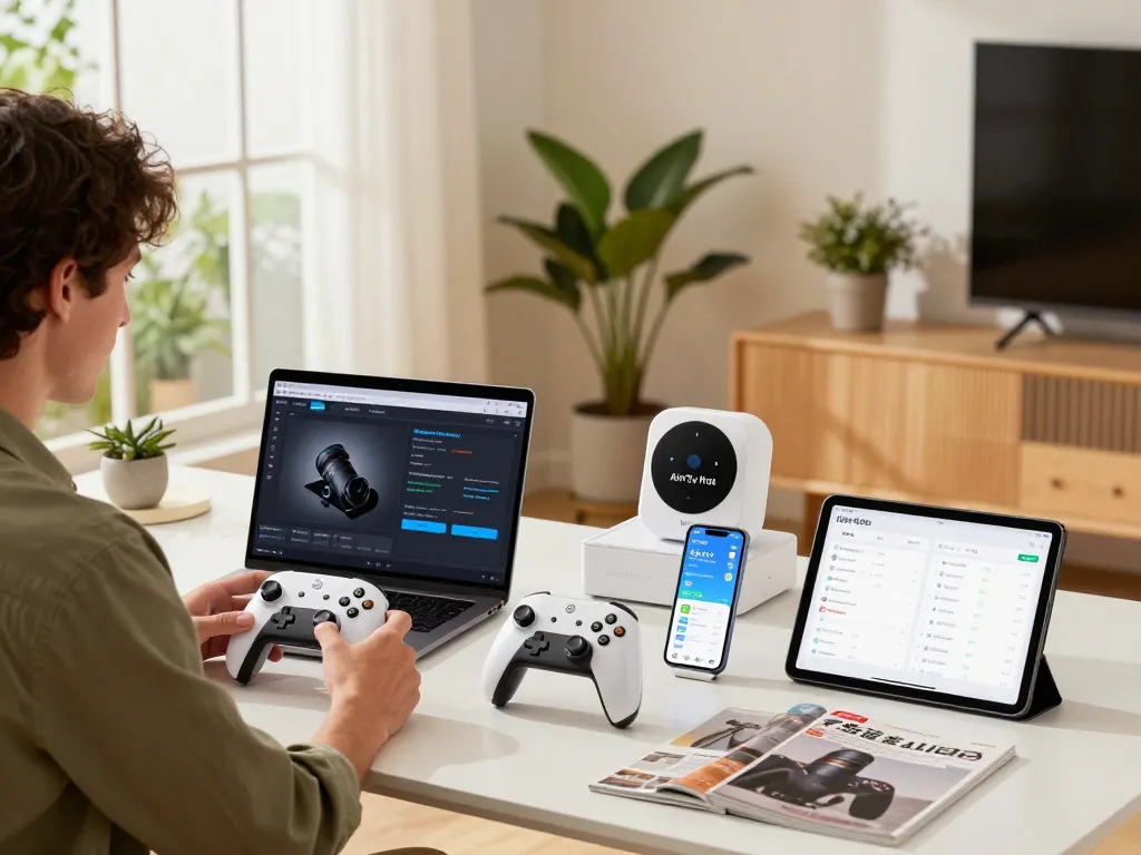 Exploring smart tech gadgets at a modern home office desk with gadgets displayed.