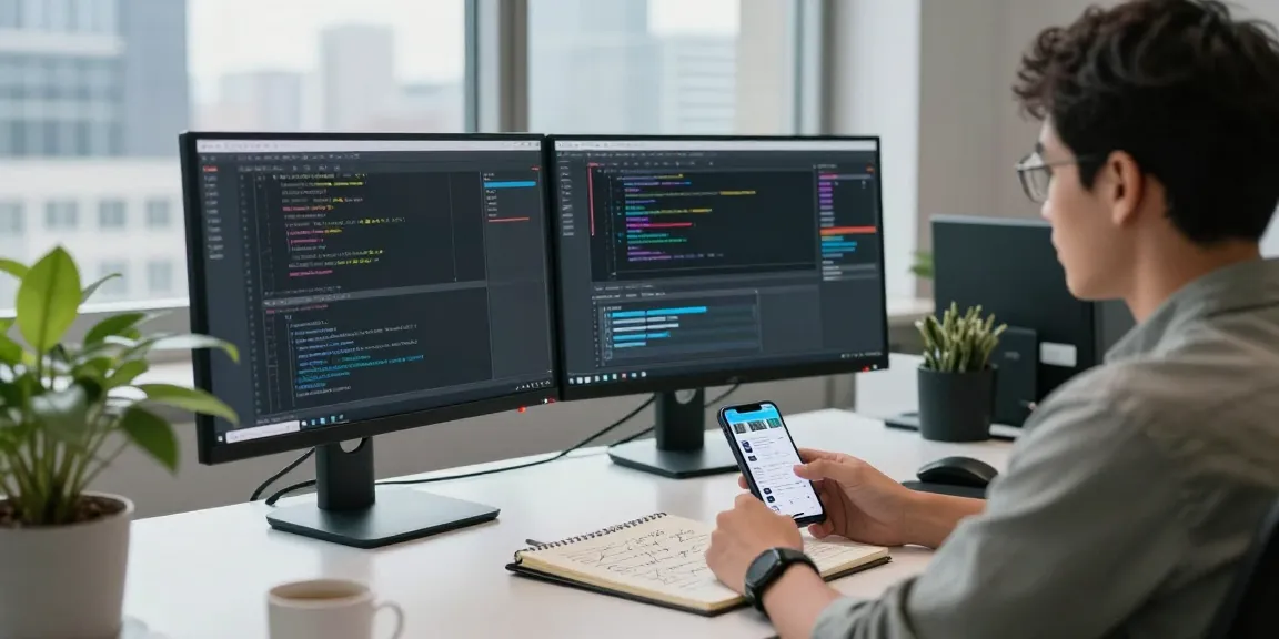 Meilleur logiciel espion dans un environnement de travail technique, avec développeur, code, et smartphone.