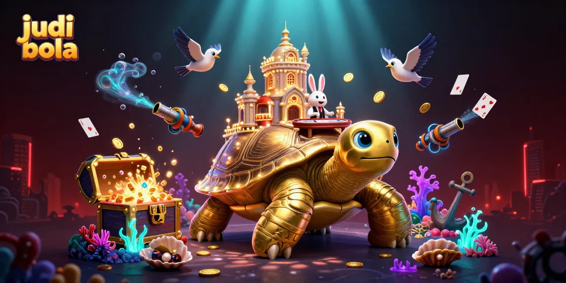 Engage in judi bola with a vibrant 3D casino scene featuring a golden tortoise and a rabbit dealer.