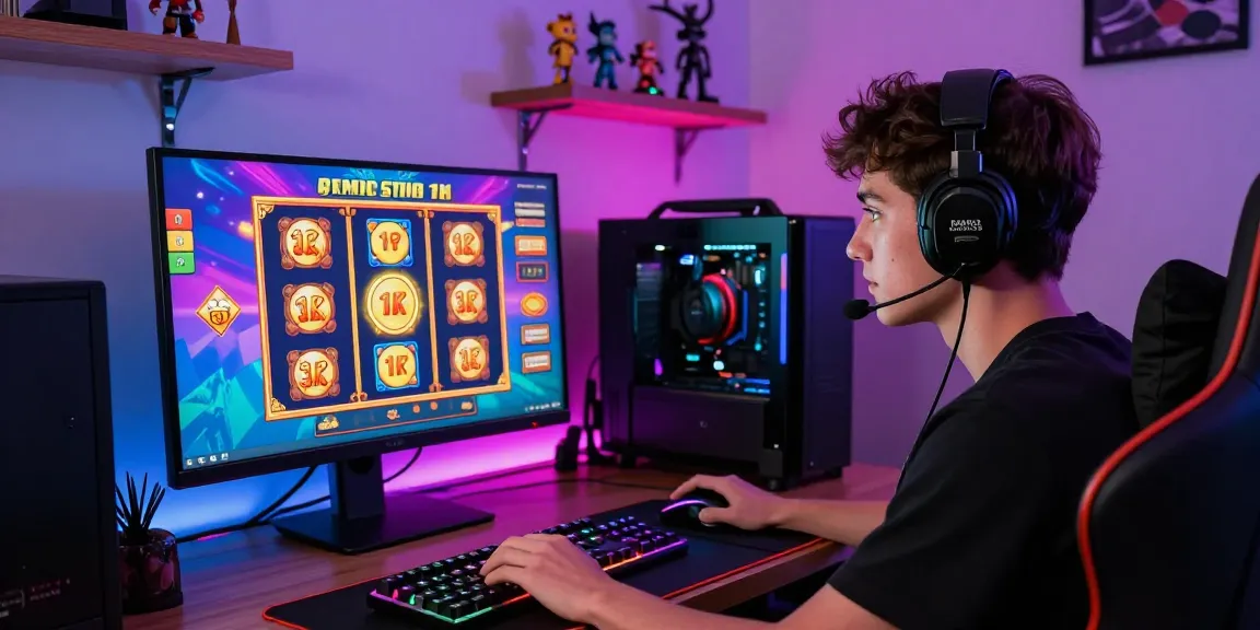 Engaging moment featuring a gamer playing slot deposit 1k online, showcasing vibrant screen graphics and immersive gaming setup.