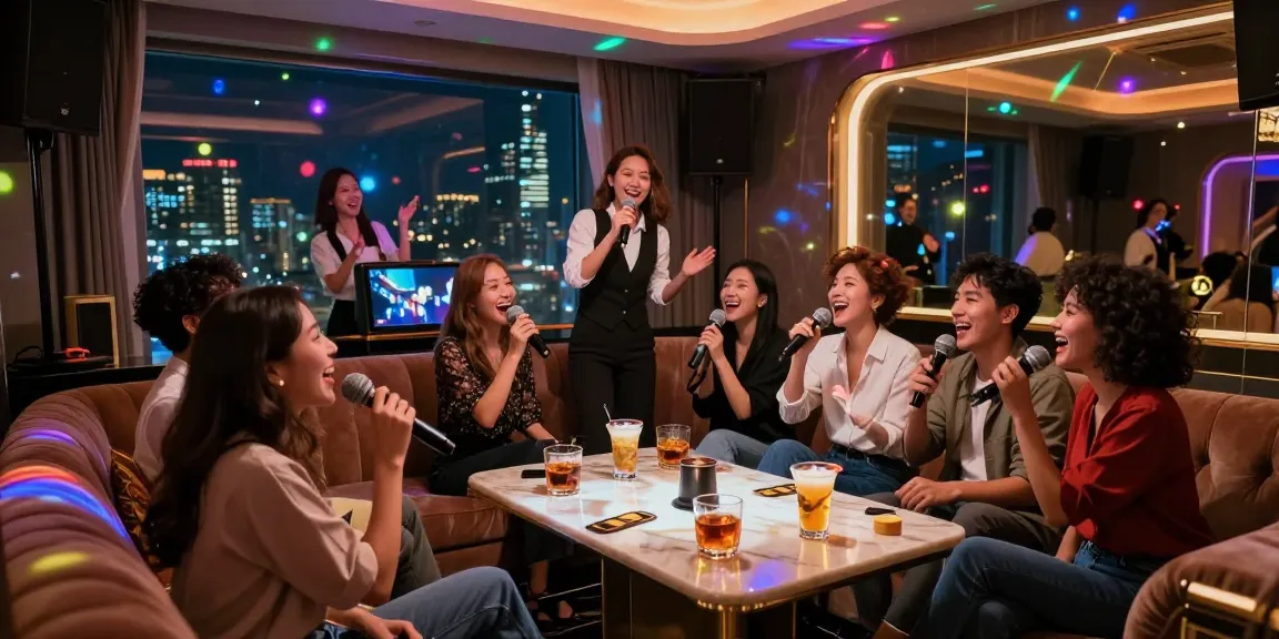 Enjoying a lively night at 강남가라오케 with friends, drinks, and singing.