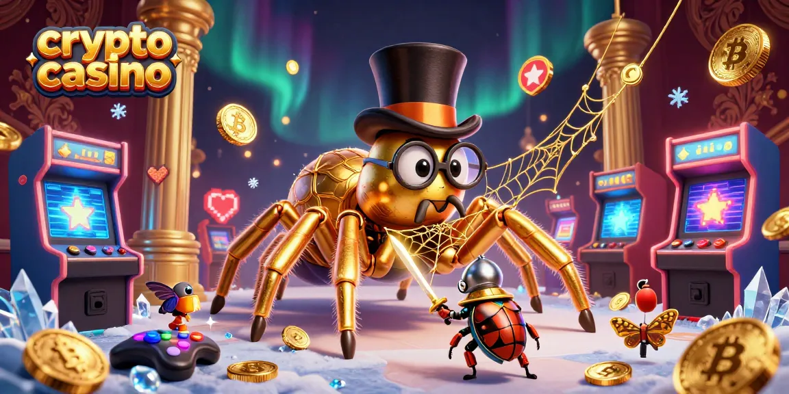 Découvrez un casino crypto fascinant avec une scène animée de personnages et éléments de jeu.