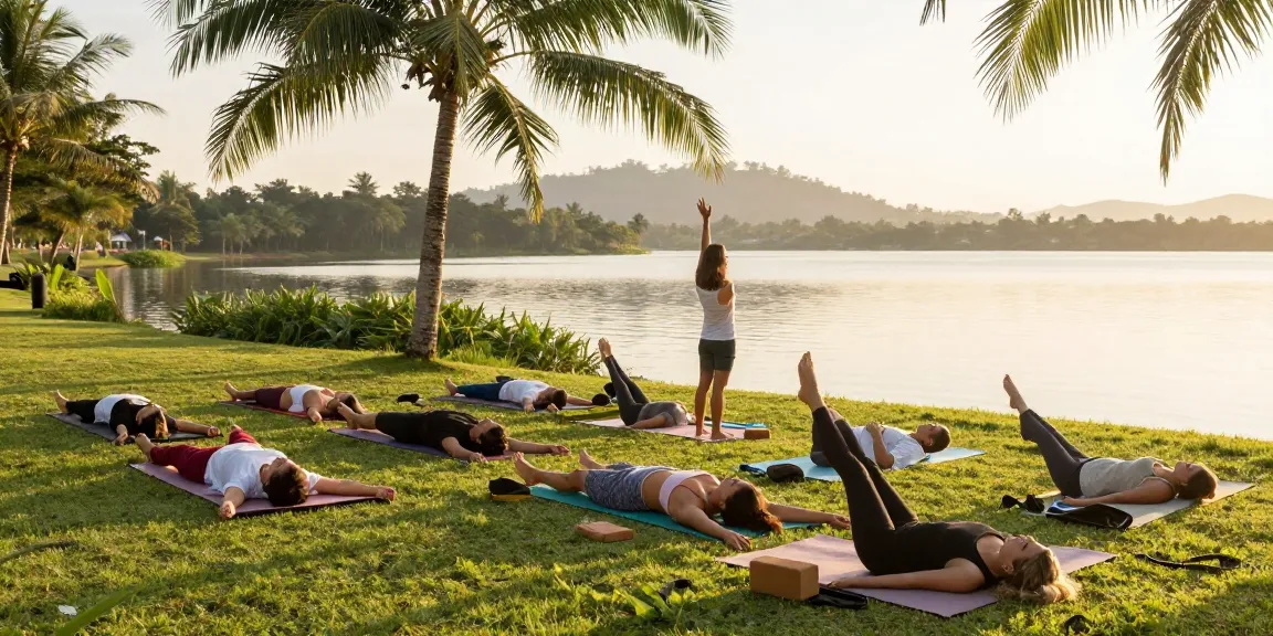 Group yoga session at the best yoga teacher training Sri Lanka in a tranquil lakeside setting.