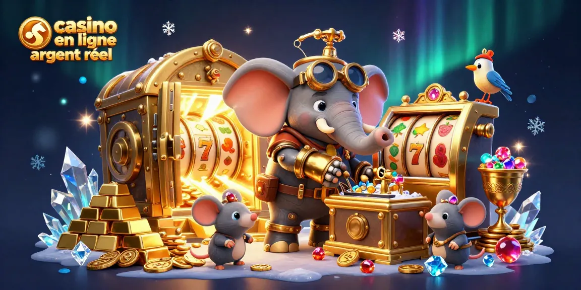 Illustration de l'éléphant steampunk jouant à casino en ligne argent réel avec des trésors étincelants.