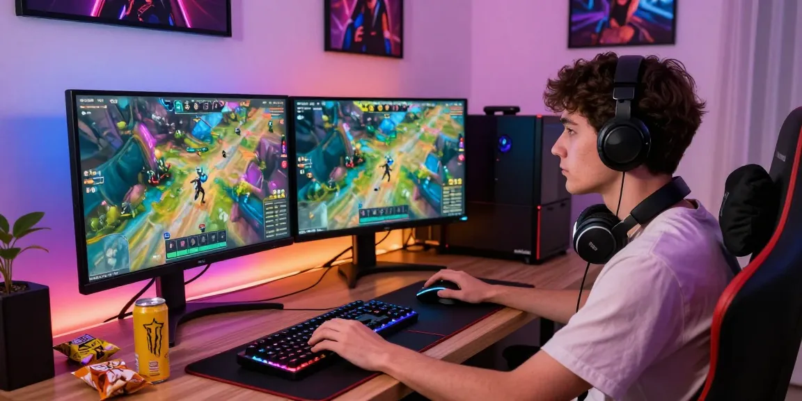 Engaged gamer using tempototo for online gaming, featuring dual monitors and vibrant graphics.