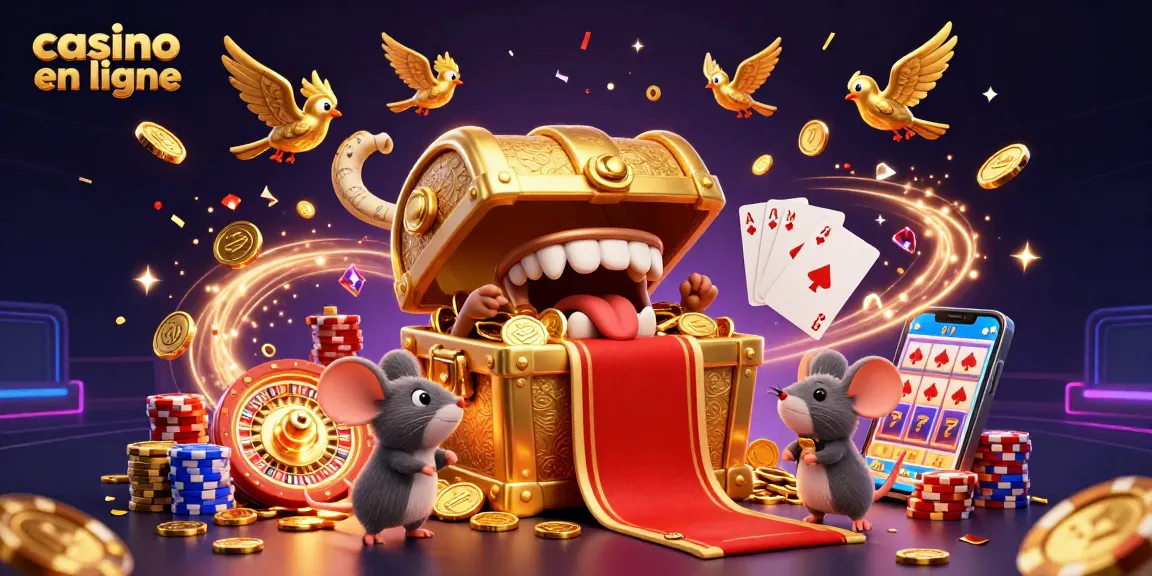Gagner au casino en ligne avec des coffres au trésor et des cartes de jeu animées.