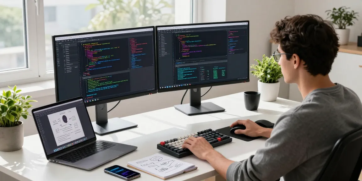 Software engineer focusing on LLG link indexing with modern coding setup in a bright workspace.