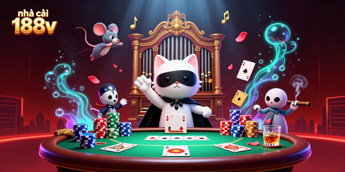 Engage with chơi game at nhà cái 188v, featuring a vibrant casino scene with interactive poker elements.