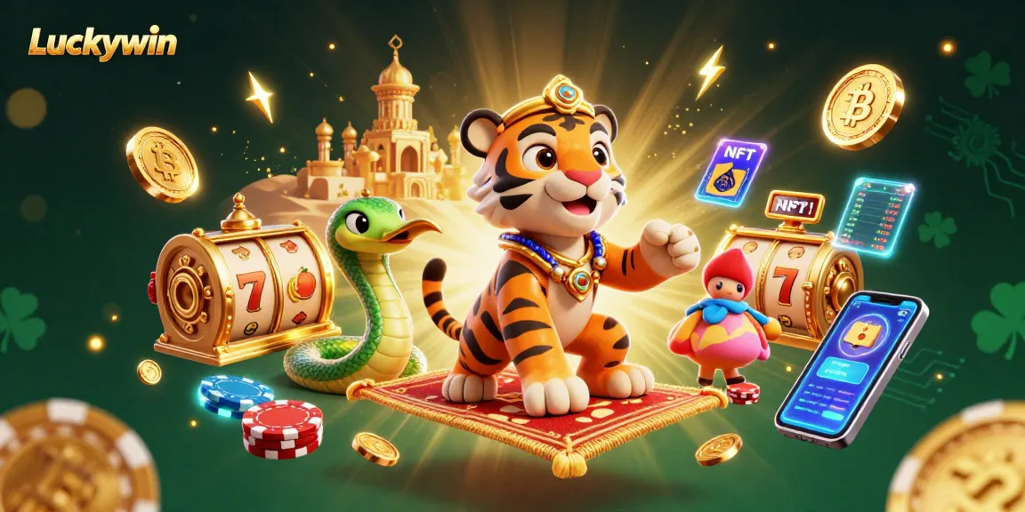 Experience the thrill of winning with Luckywin at the vibrant casino scene featuring a sultan and magical elements.