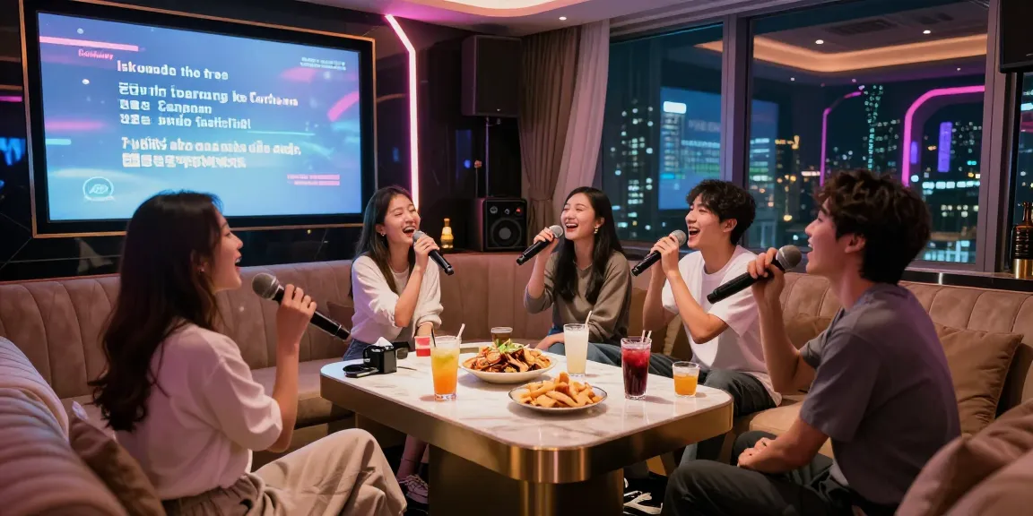강남 가라오케에서 친구들과 함께 즐기는 프리미엄 노래방 풍경과 고급스러운 인테리어, 야경을 배경으로 한 즐거운 순간