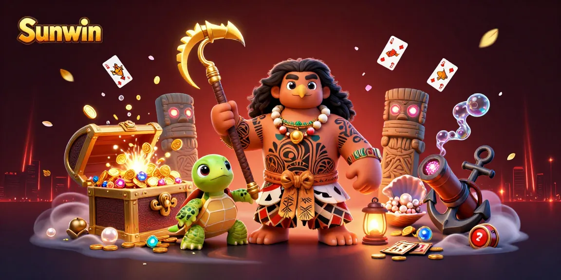Sunwin showcases vibrant casino elements with a Polynesian demigod hawk, coins, and floating cards.