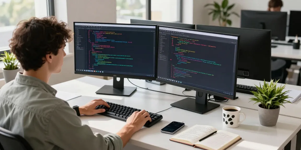 Focused developer working at dual monitors with 456bd code, showcasing a modern workspace