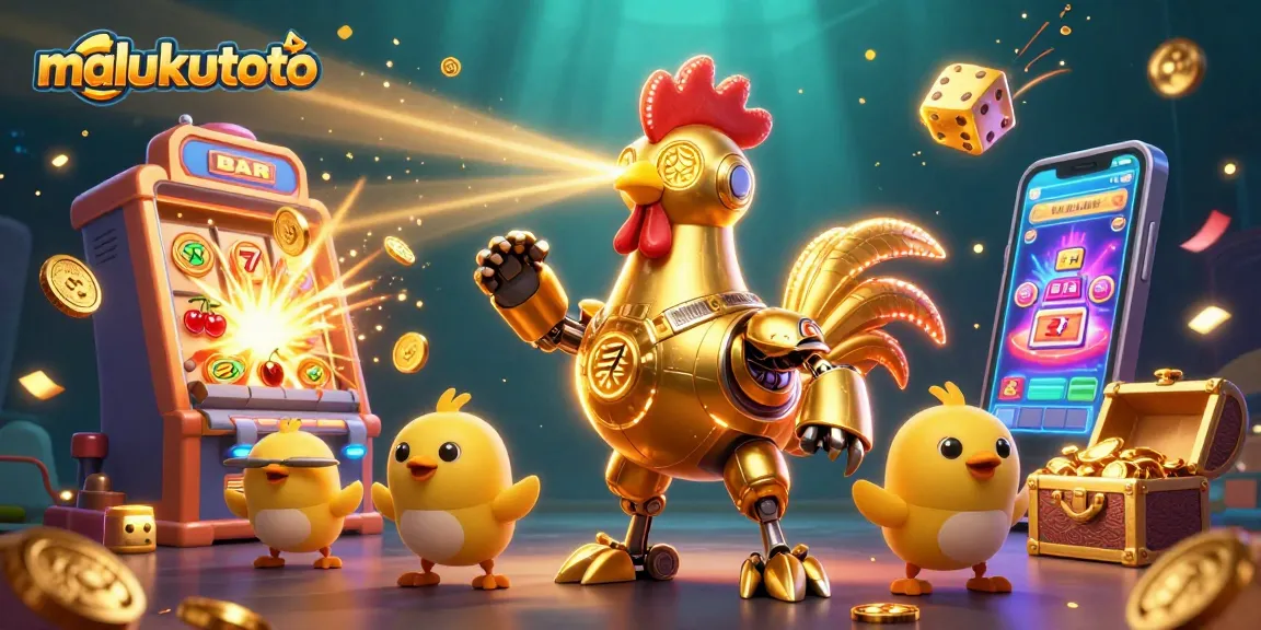 Menangkan jackpot dengan malukutoto, gambar robot ayam emas futuristik di kasino.