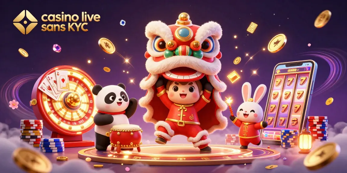 Illustration dynamique du casino live sans KYC avec danseurs, panda percussionniste et décor coloré.