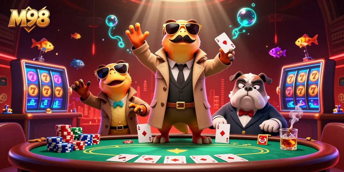 M98 players enjoying thrilling slots and poker action in a vibrant casino scene.