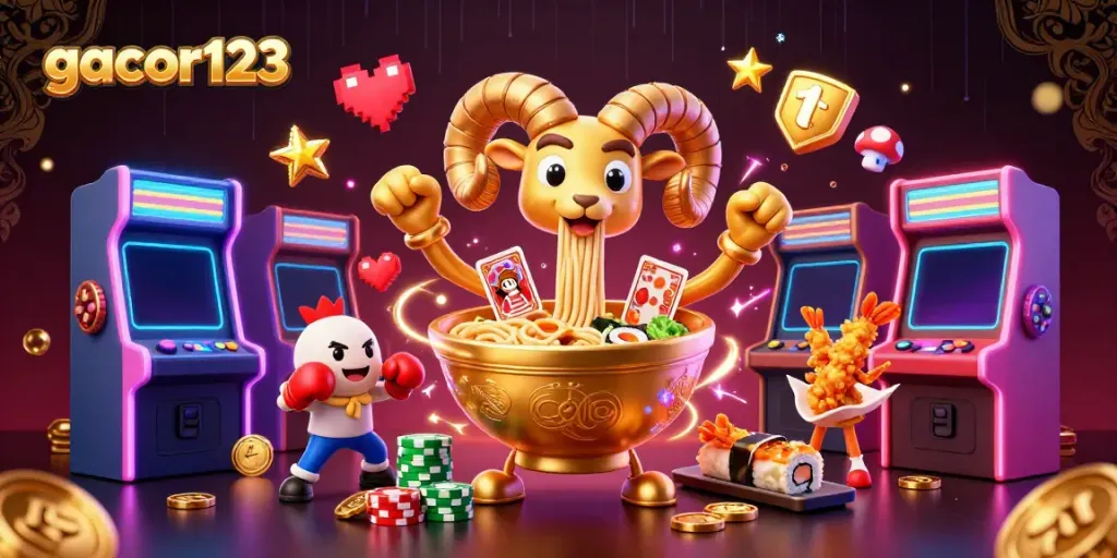 Engage in thrilling gaming action at gacor123 with cartoon characters amidst vivid casino elements.
