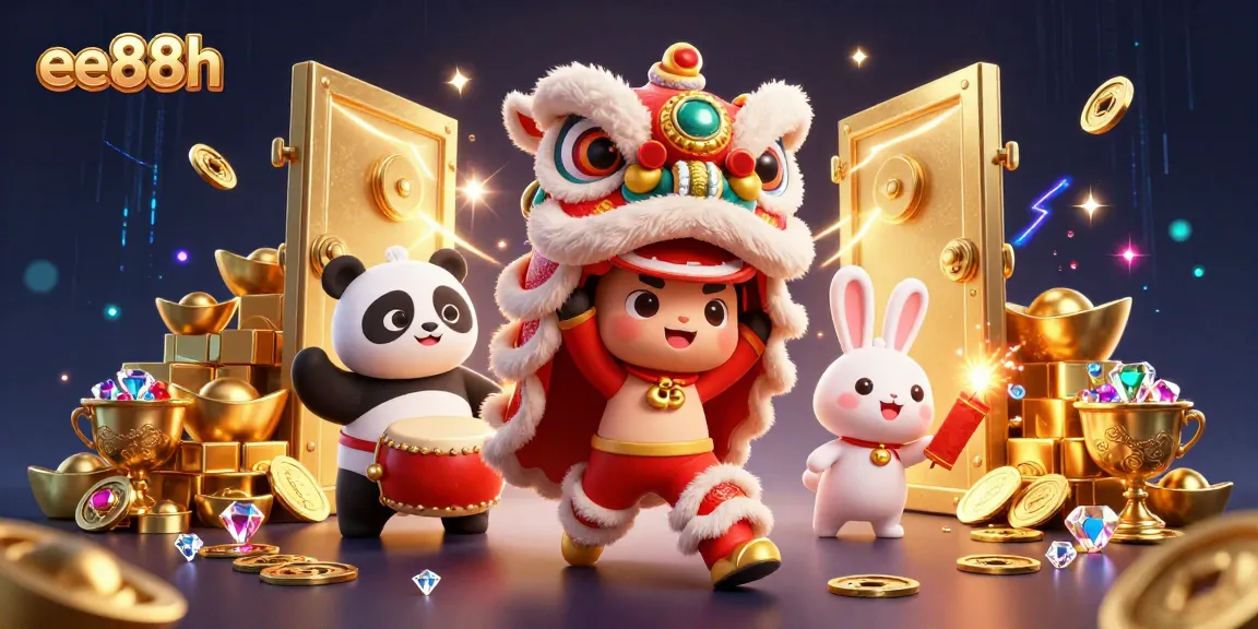 Engage in thrilling games at ee88h casino with lion dance celebration and treasure bursting with gems.