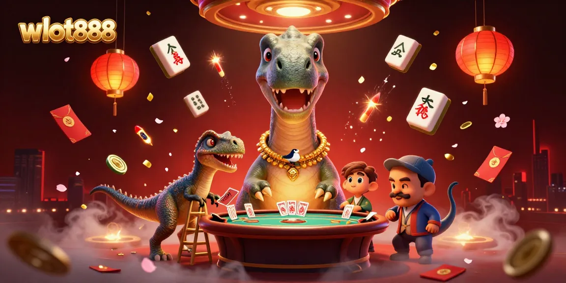 Permainan kartu online wslot888 menunjukkan dinosaurus besar dan dealer raptor yang dinamis.
