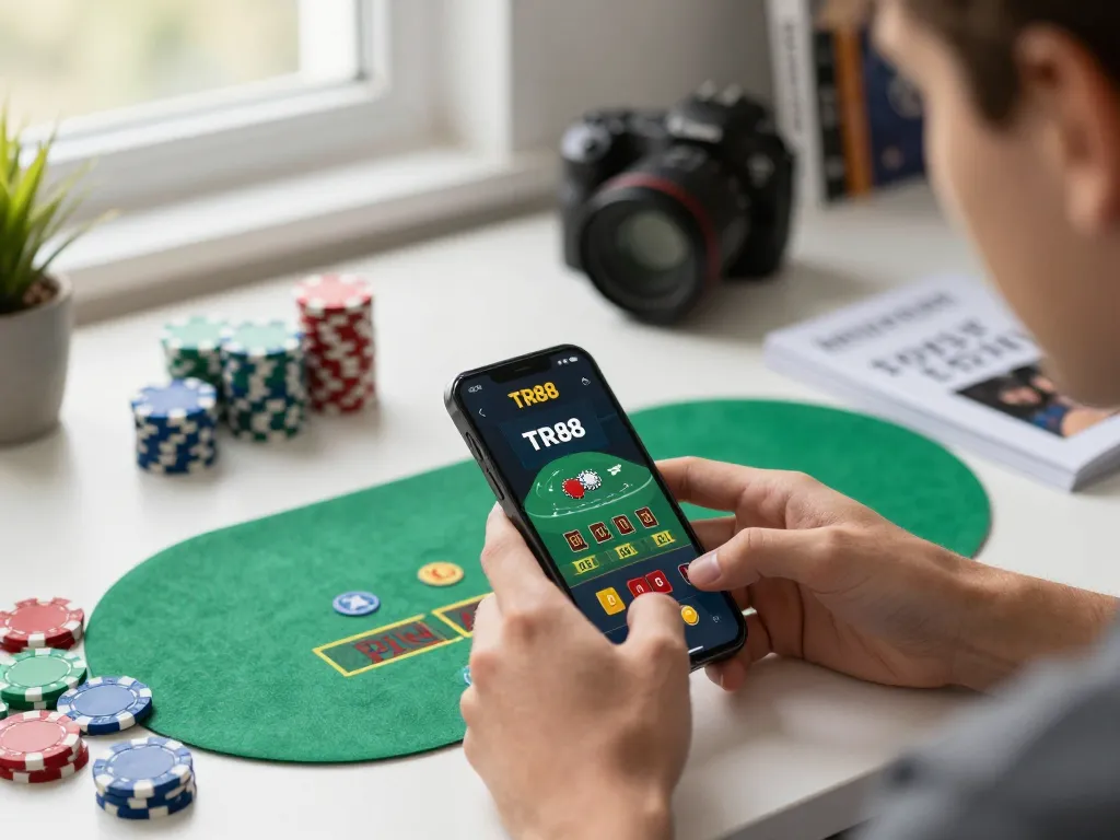 User strategically engaging with TR88 mobile casino app, showcasing live dealer gameplay in a modern home setting