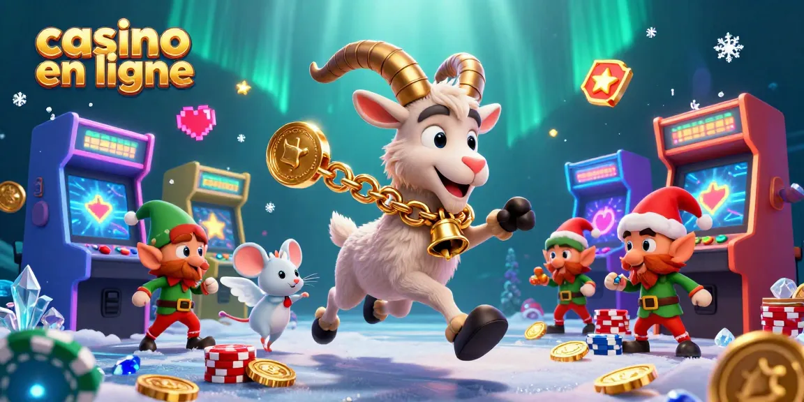 Scène dynamique d'un casino en ligne avec un Krampus et des elfes jouant aux jeux