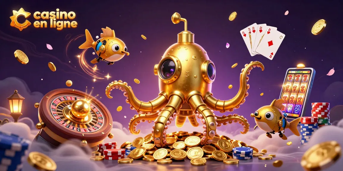 Jouer à casino en ligne avec une illustration 3D colorée d'un kraken sous-marin et des pièces d'or.