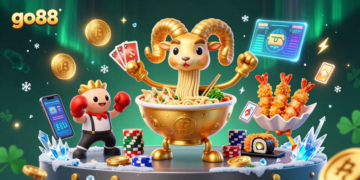 Play exciting games at go88 with a vibrant 3D illustration of a ramen bowl dealer surrounded by dynamic casino elements.