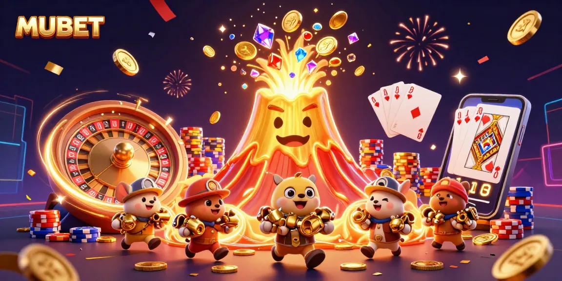 MUBET delivers an electrifying casino atmosphere with a 3D golden volcano erupting treasure and playful animals amid vibrant gaming elements.