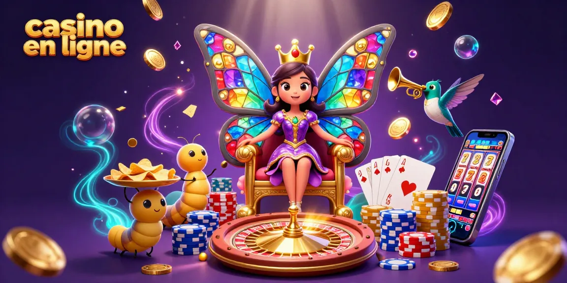 Jouez dans un casino en ligne rempli d'animations et de richesses, avec une reine papillon et des éléments de jeu captivants.